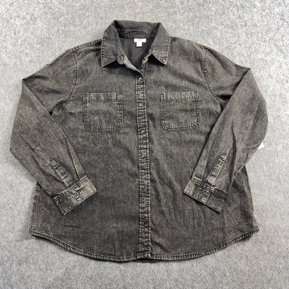 ANA Womens Acid Wash Denim Shirt Faded Black Button Down Long Sleeve Size L